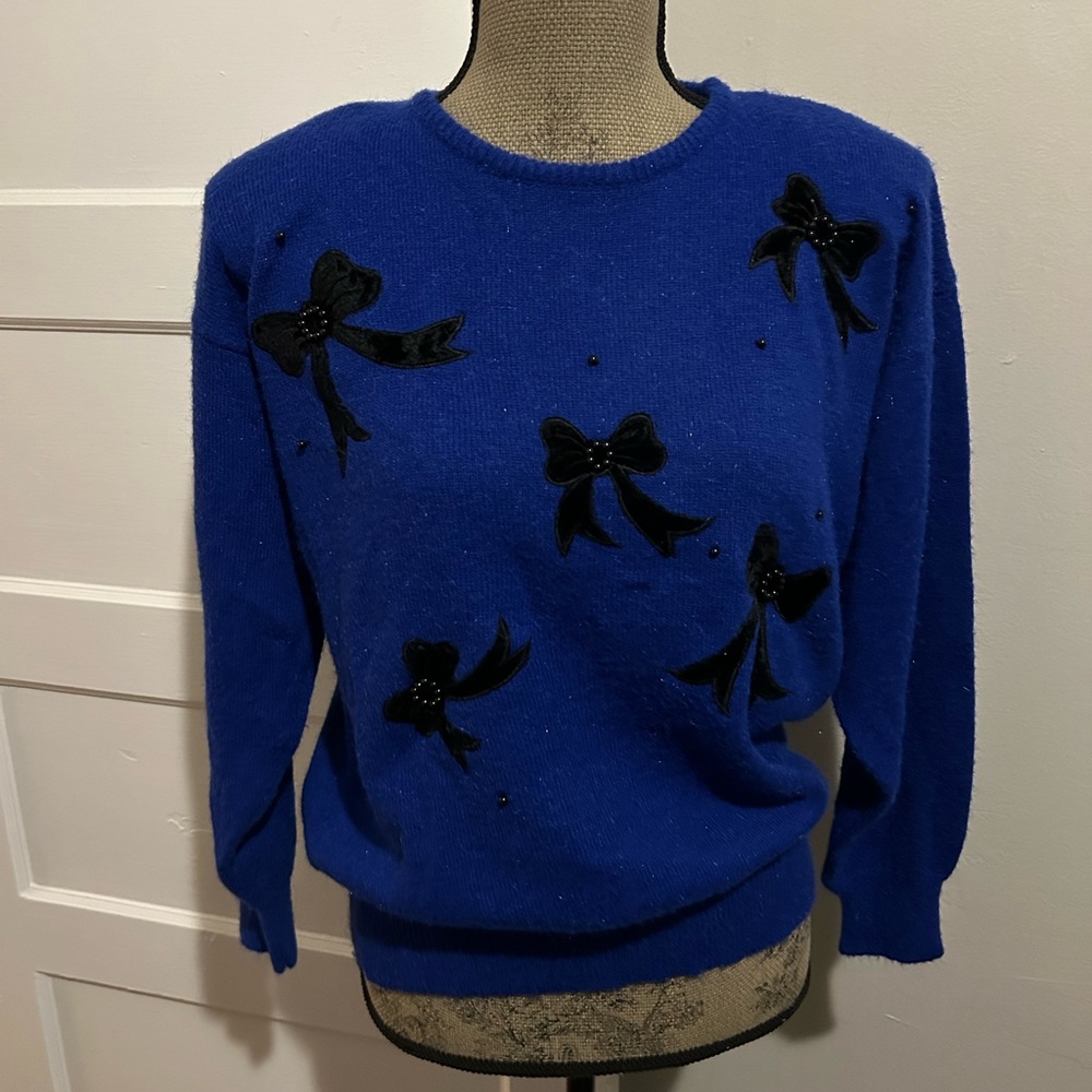 Dana Scott Royal Blue Sweater with Black Bow Details